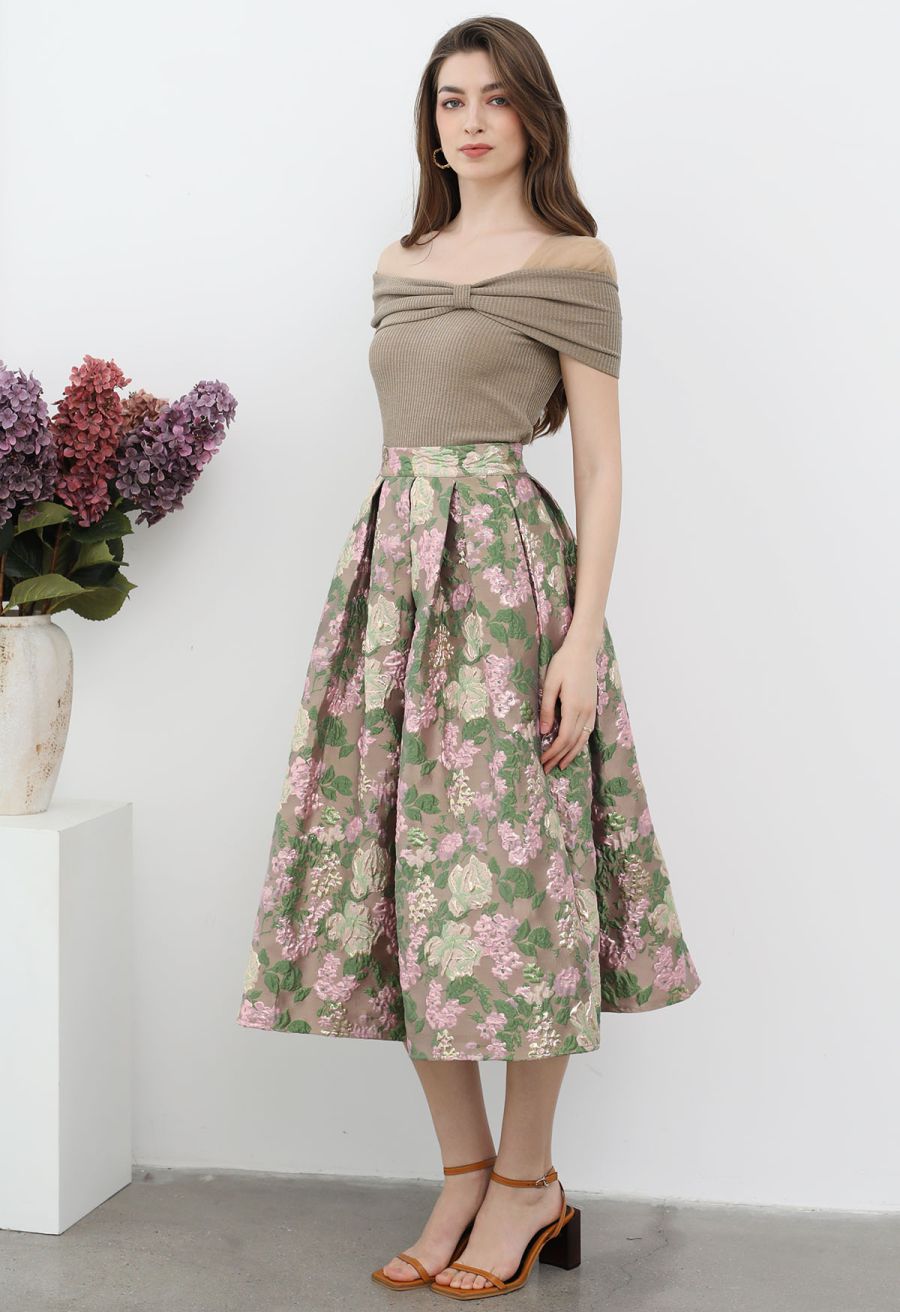 Mesh One-Shoulder Bowknot Ribbed Crop Top in Khaki