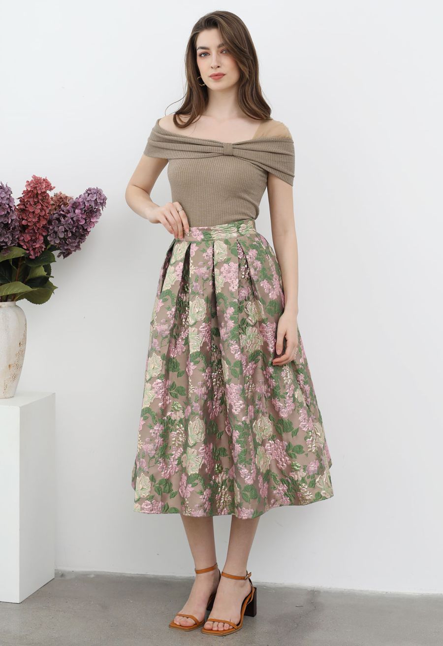 Sweet Brilliance Floral Embossed Jacquard Pleated Midi Skirt