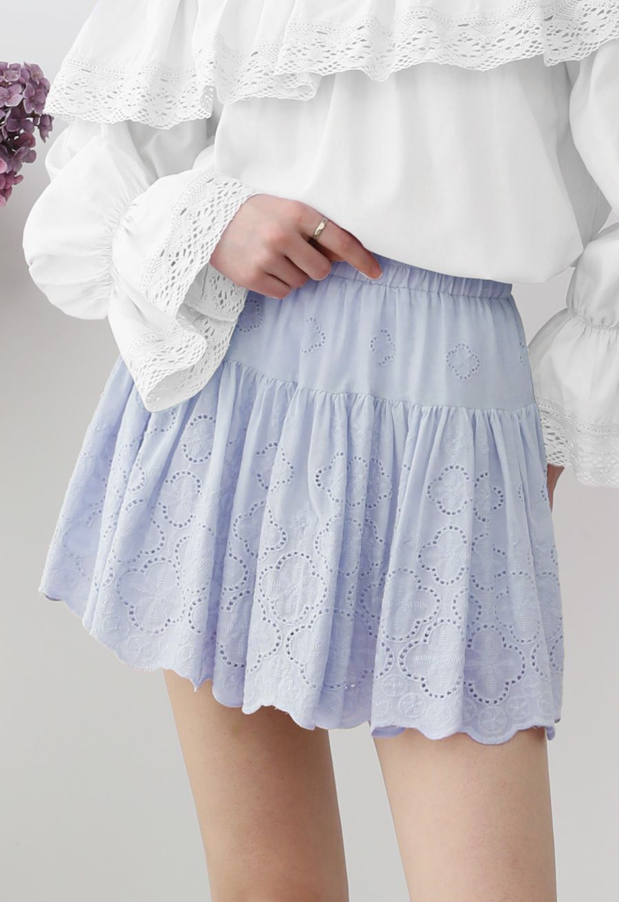 Floral Eyelet Embroidered Scalloped Mini Skirt in Light Blue
