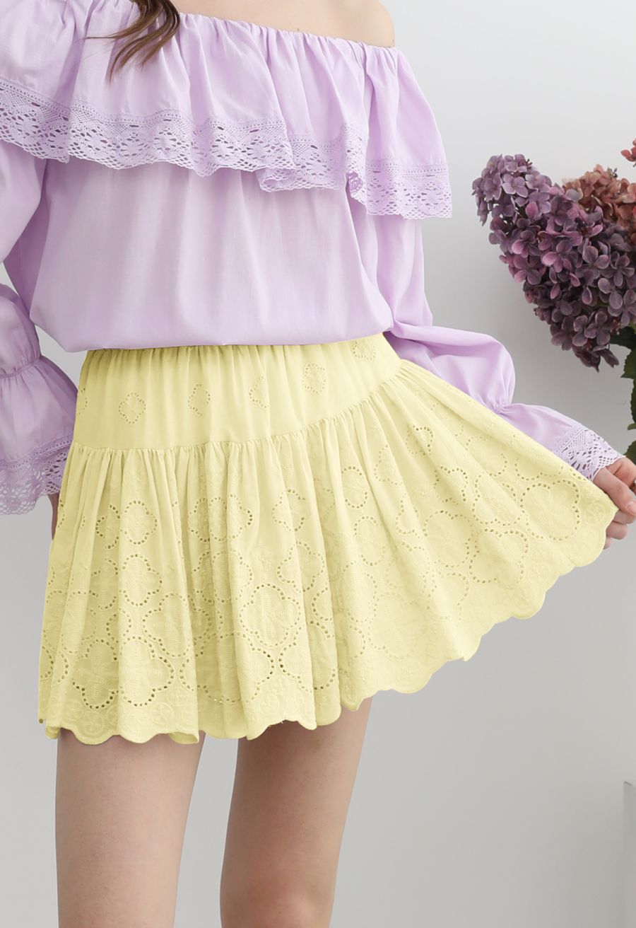 Floral Eyelet Embroidered Scalloped Mini Skirt in Light Yellow