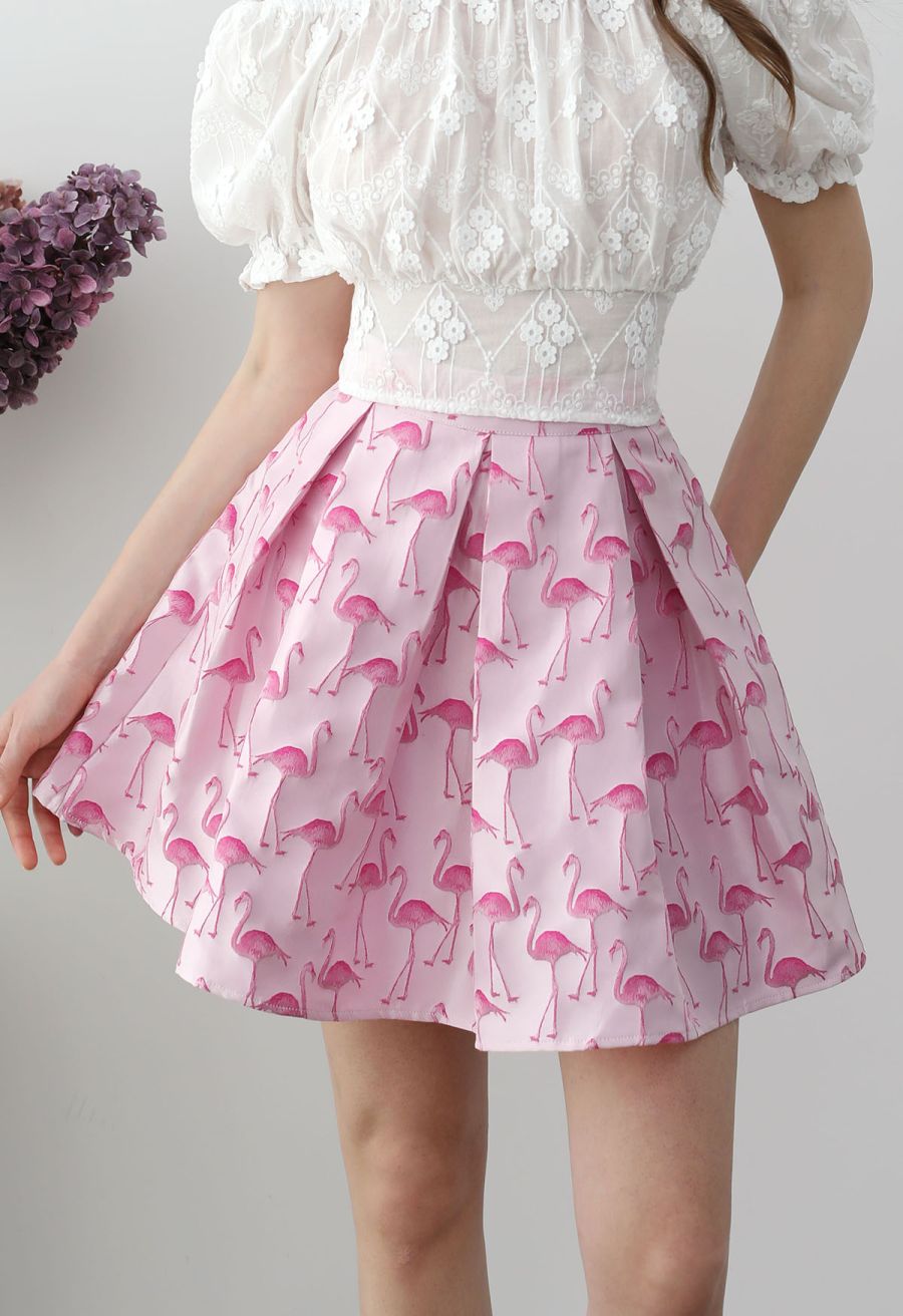 Flamingo Jacquard Box Pleated Mini Skirt