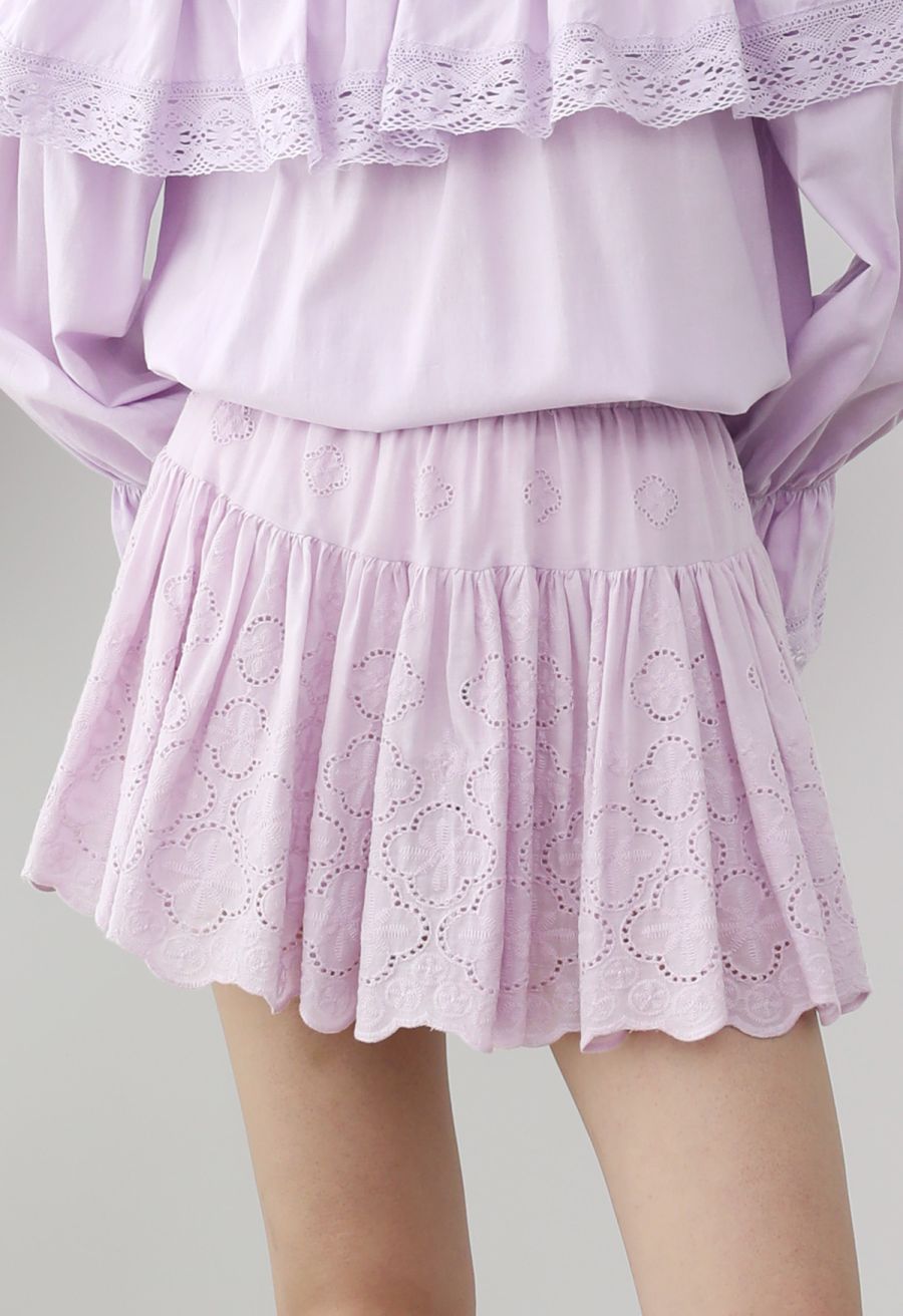 Floral Eyelet Embroidered Scalloped Mini Skirt in Violet