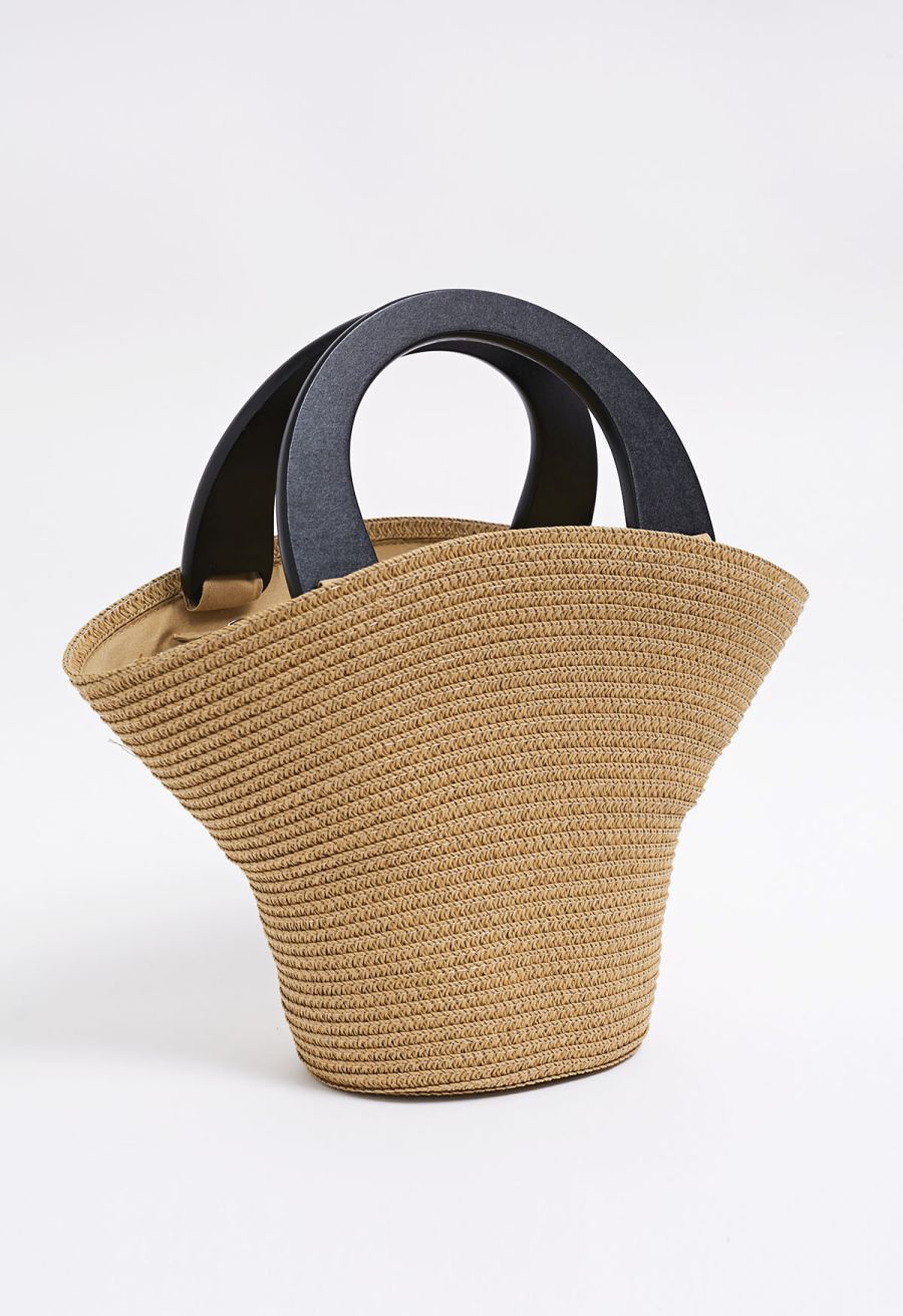 Bucket Hat Shape Woven Straw Beach Bag in Camel