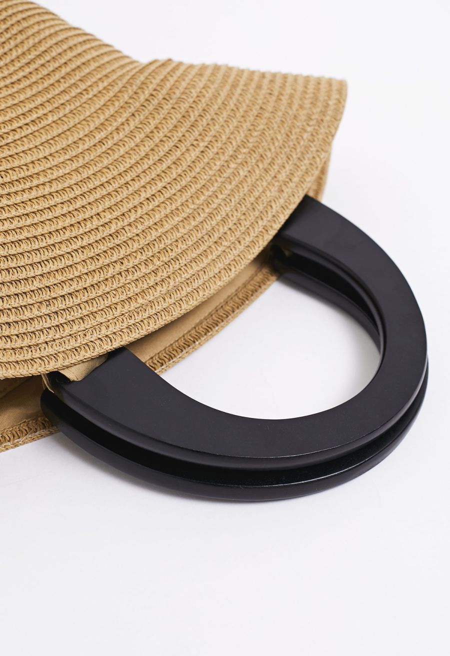 Bucket Hat Shape Woven Straw Beach Bag in Camel