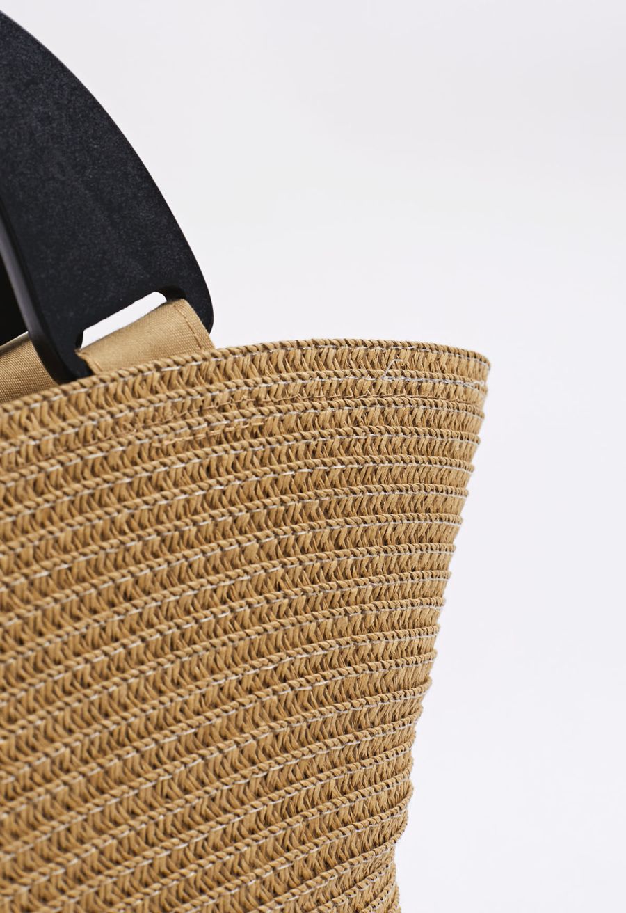 Bucket Hat Shape Woven Straw Beach Bag in Camel
