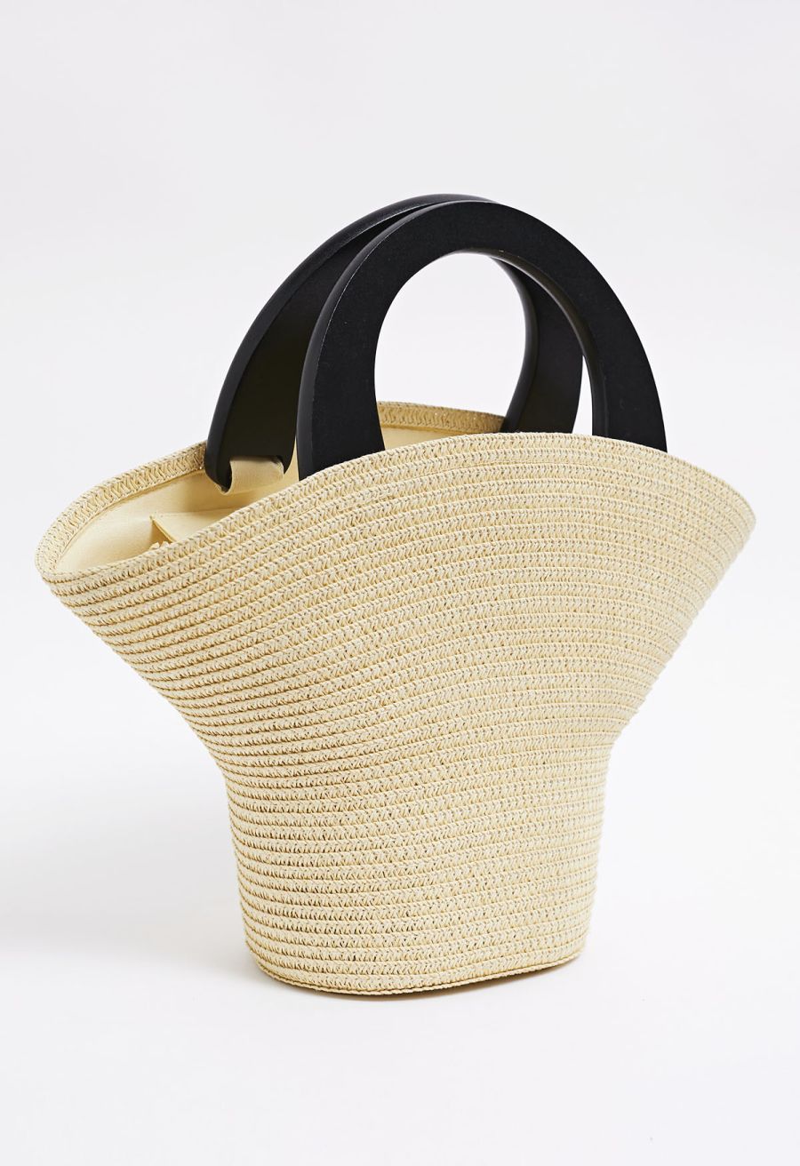 Bucket Hat Shape Woven Straw Beach Bag in Linen