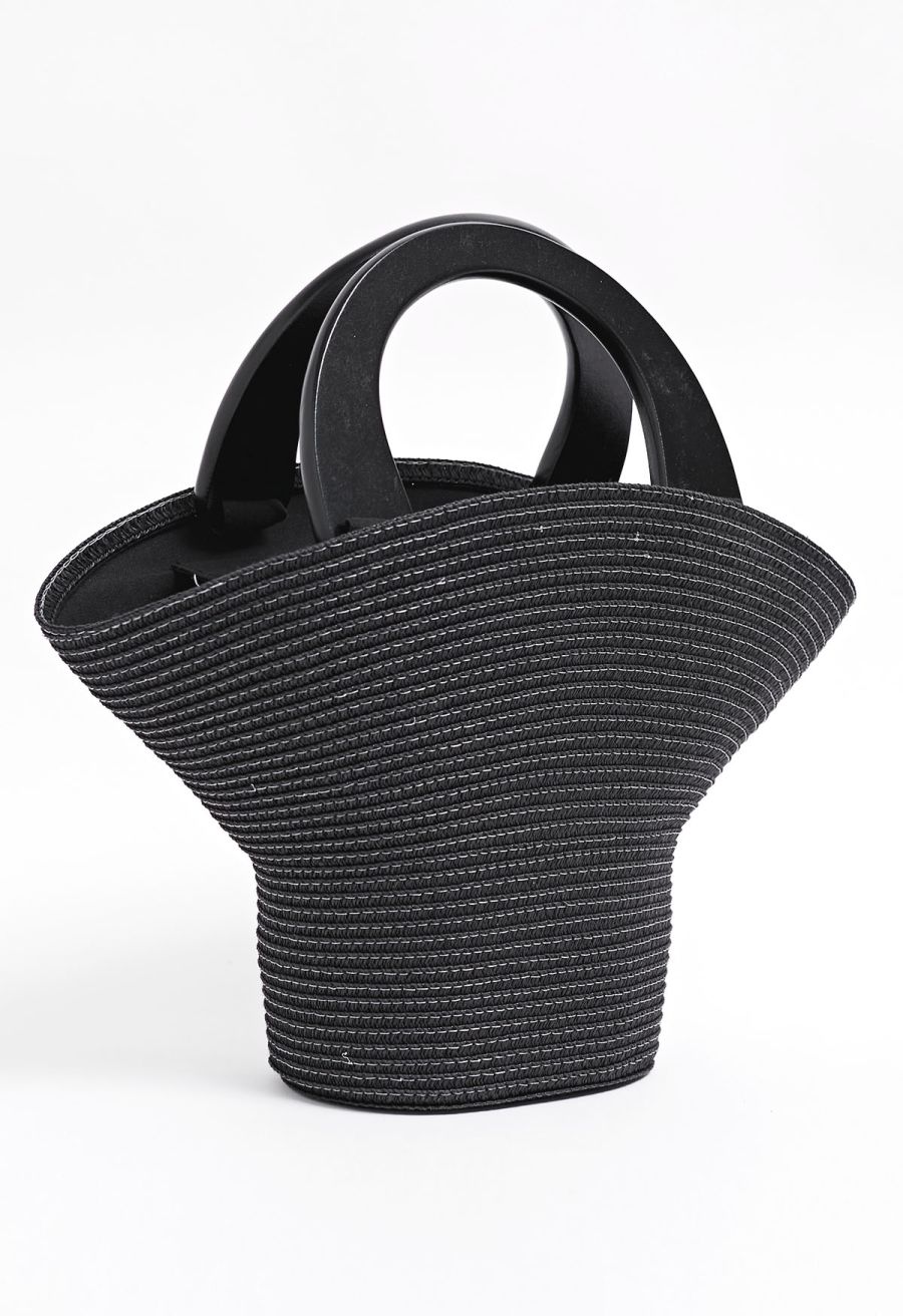 Bucket Hat Shape Woven Straw Beach Bag in Black