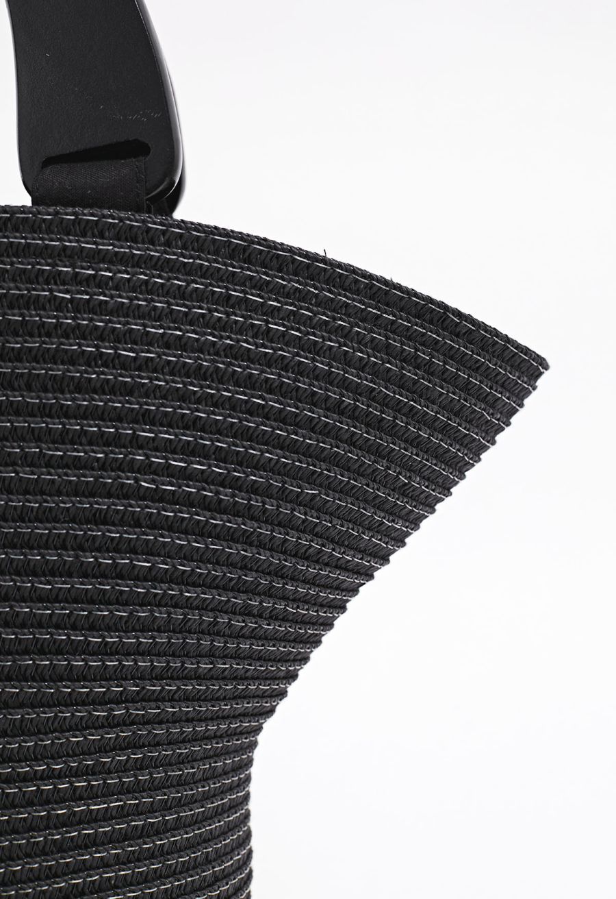 Bucket Hat Shape Woven Straw Beach Bag in Black