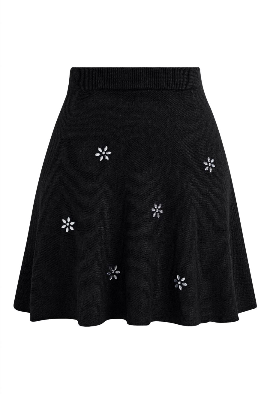 Floral Rhinestones Embellished Knit Top and Skirt Set in Black