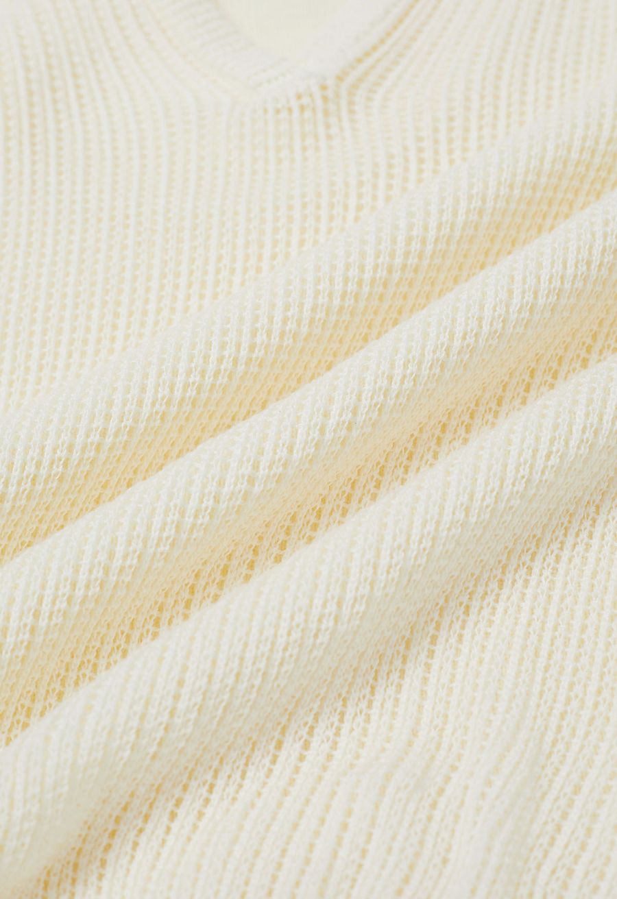 Fake Two-Piece Collared Eyelet Knit Top in Light Yellow