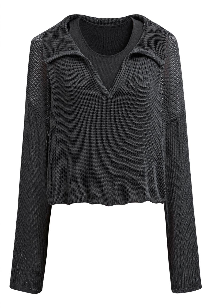 Fake Two-Piece Collared Eyelet Knit Top in Smoke