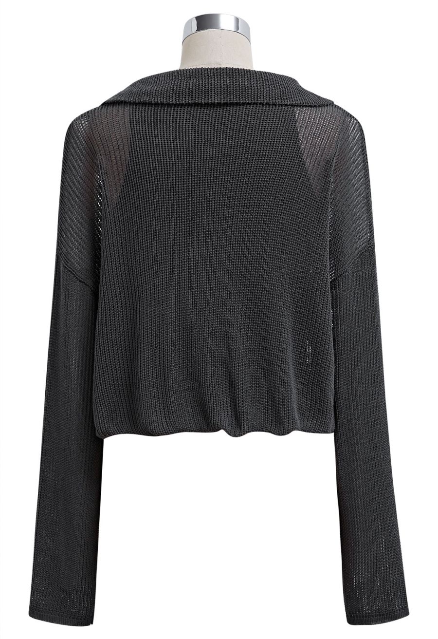 Fake Two-Piece Collared Eyelet Knit Top in Smoke