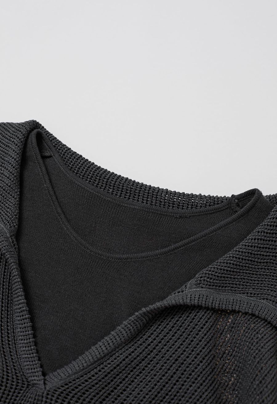 Fake Two-Piece Collared Eyelet Knit Top in Smoke