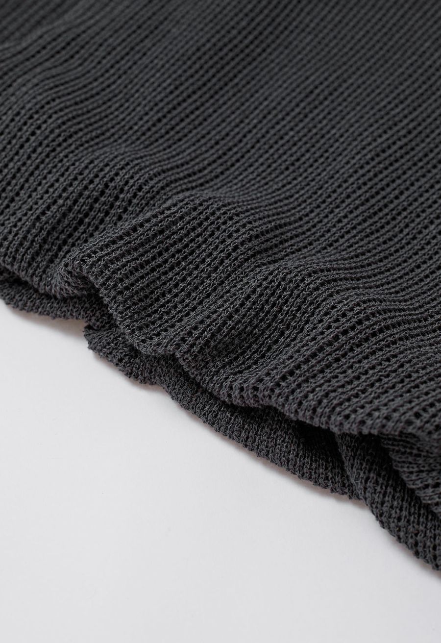 Fake Two-Piece Collared Eyelet Knit Top in Smoke