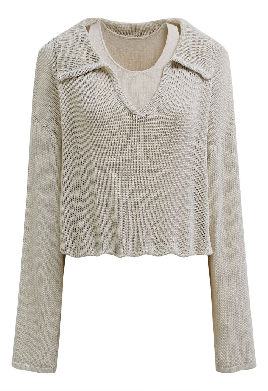 Fake Two-Piece Collared Eyelet Knit Top in Oatmeal
