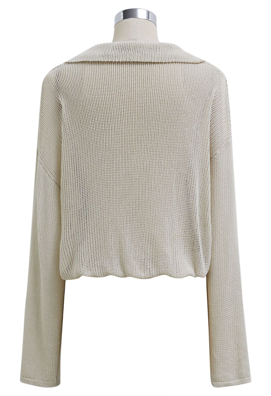 Fake Two-Piece Collared Eyelet Knit Top in Oatmeal