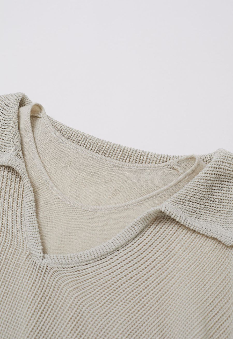 Fake Two-Piece Collared Eyelet Knit Top in Oatmeal
