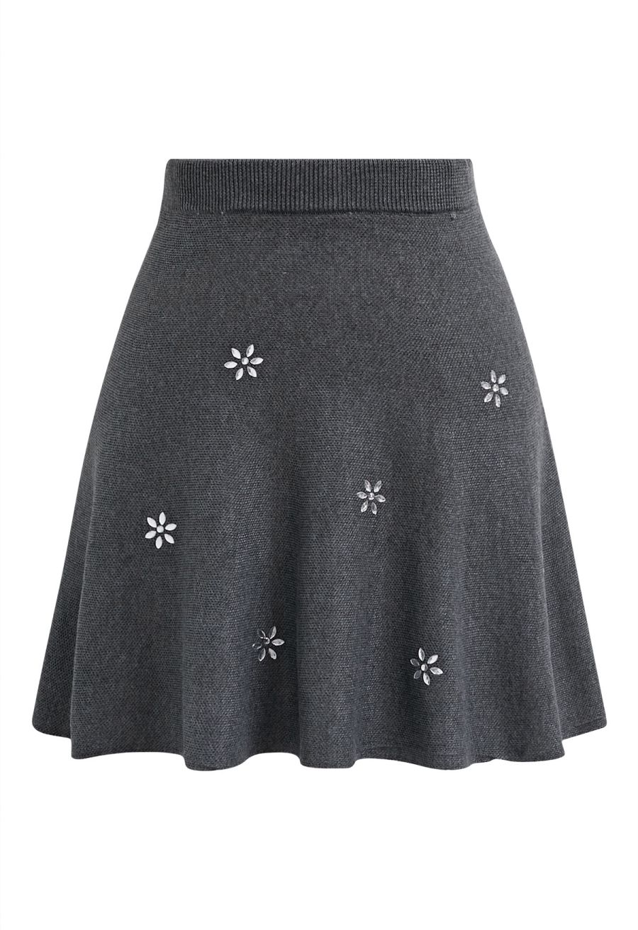 Floral Rhinestones Embellished Knit Top and Skirt Set in Smoke