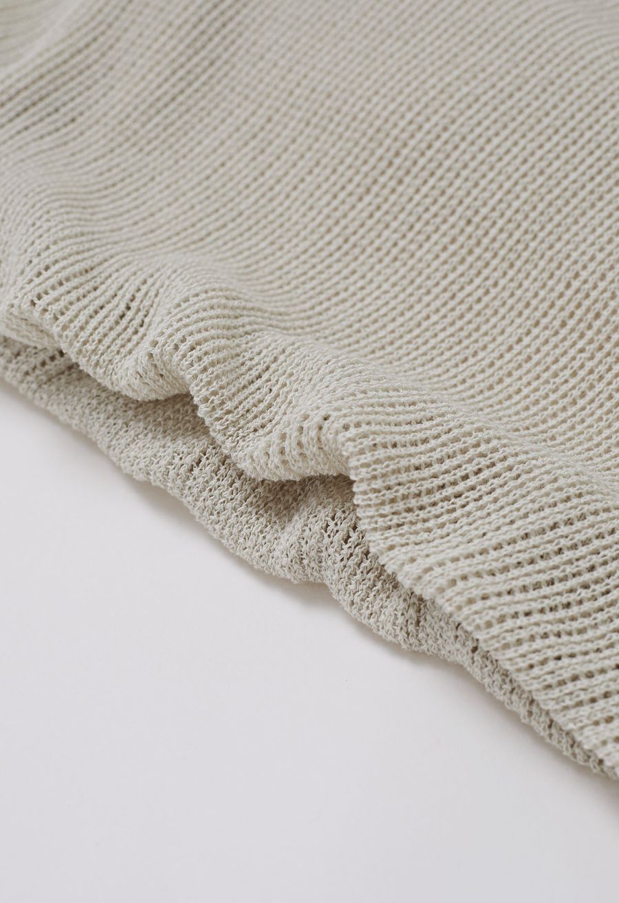 Fake Two-Piece Collared Eyelet Knit Top in Oatmeal