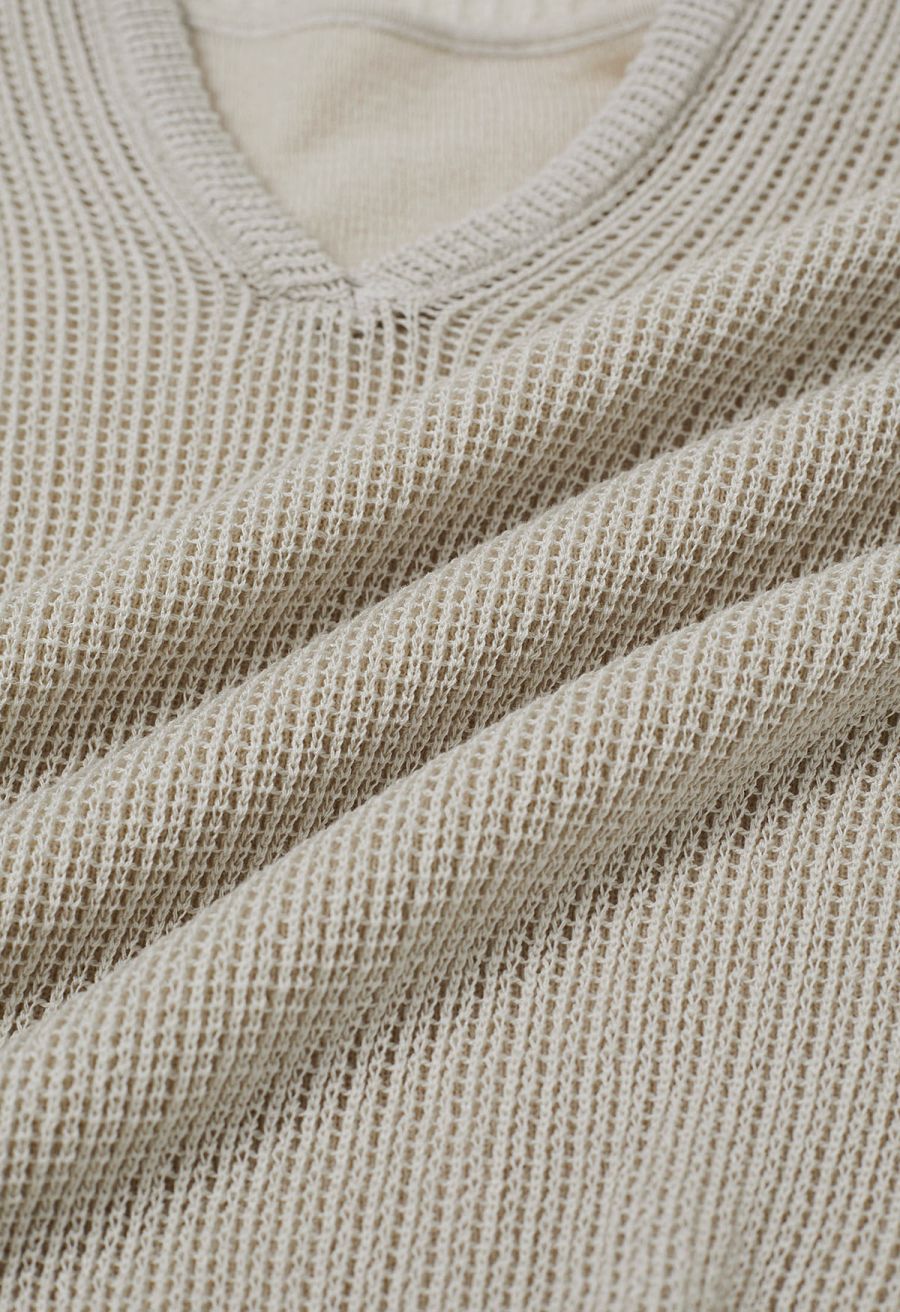 Fake Two-Piece Collared Eyelet Knit Top in Oatmeal