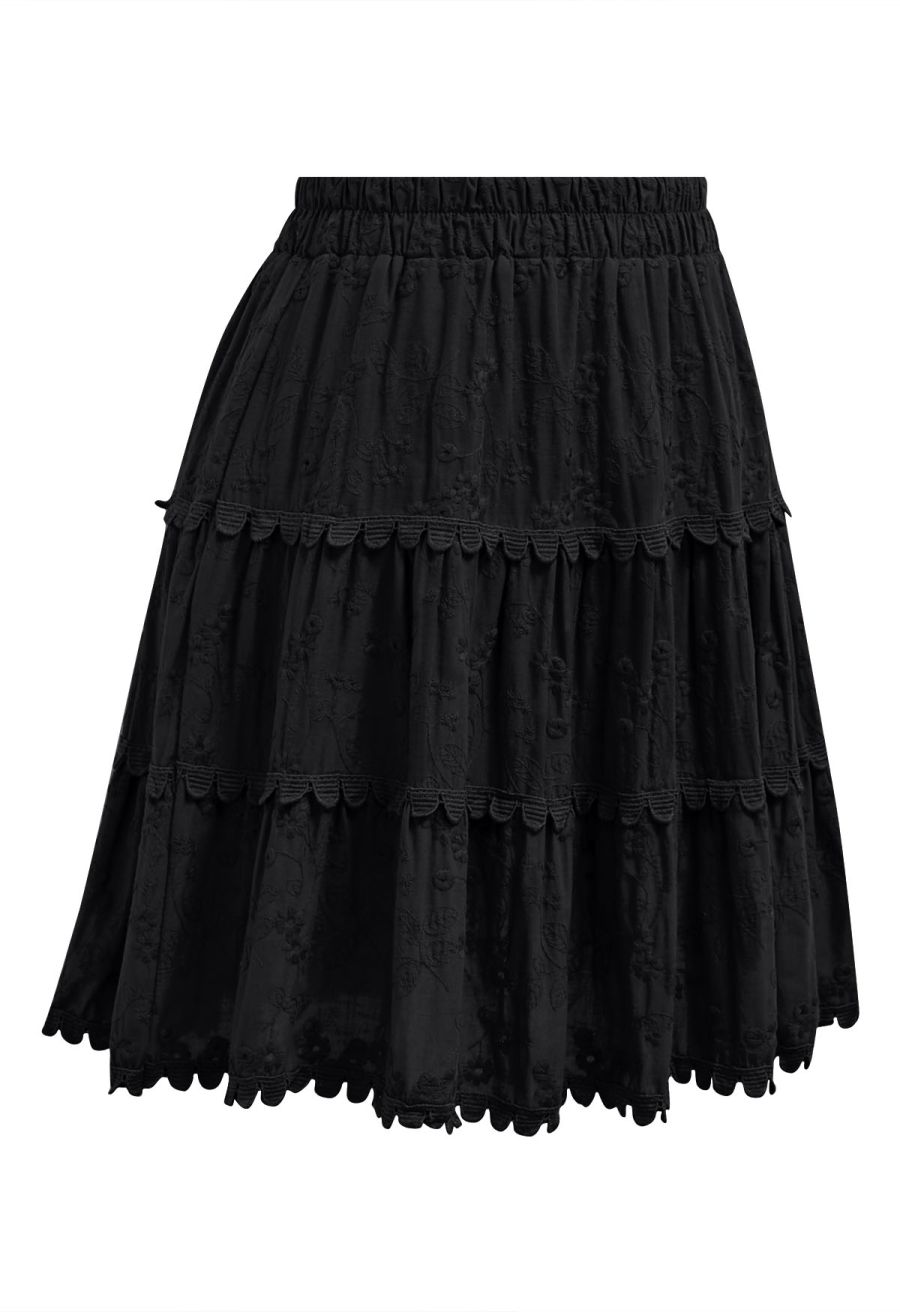 Garden Cutie Floret Embroidered Mini Skirt in Black