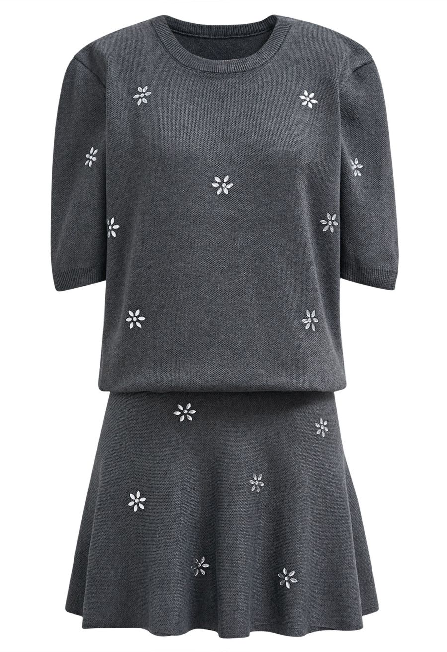 Floral Rhinestones Embellished Knit Top and Skirt Set in Smoke
