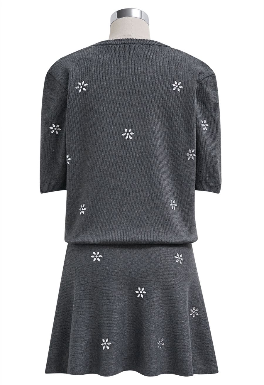 Floral Rhinestones Embellished Knit Top and Skirt Set in Smoke