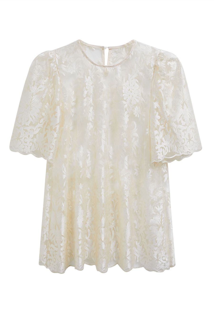 Floral Embroidered Sheer Mesh Top in Ivory