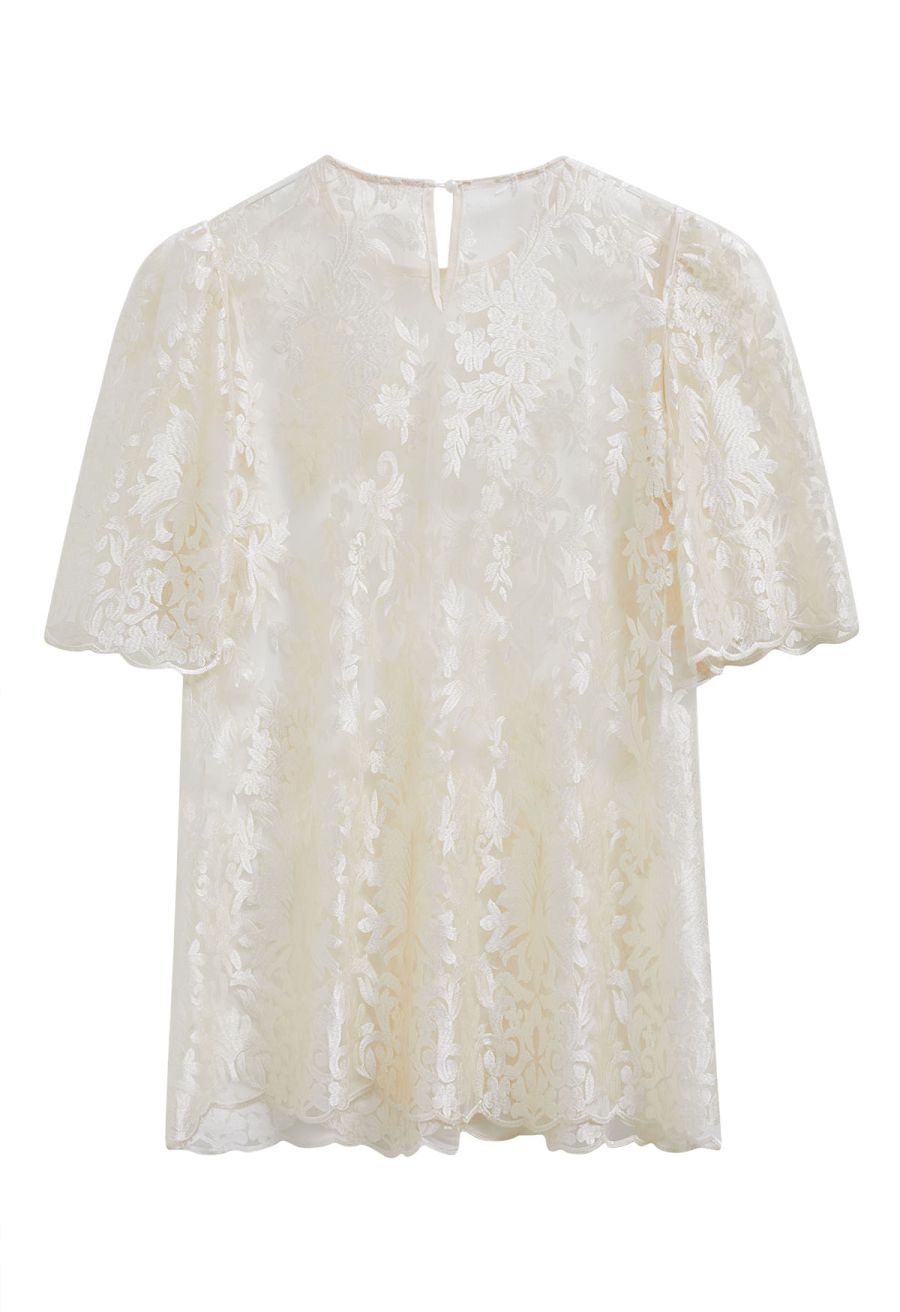 Floral Embroidered Sheer Mesh Top in Ivory