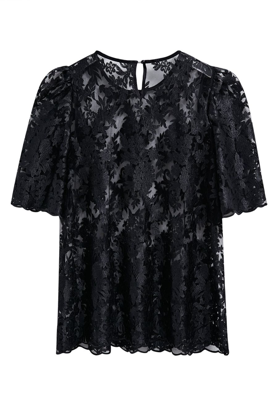 Floral Embroidered Sheer Mesh Top in Black