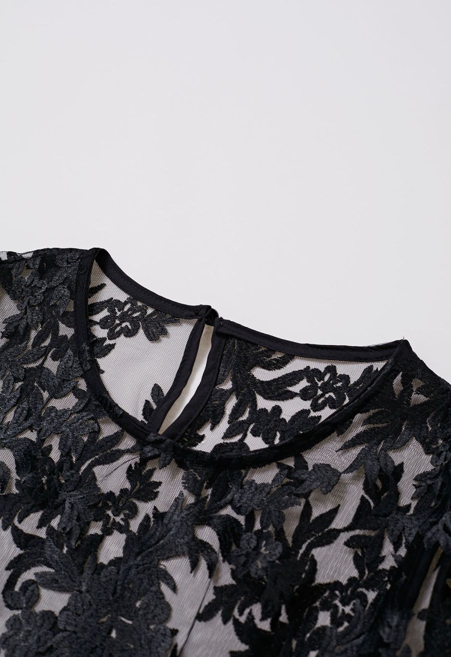Floral Embroidered Sheer Mesh Top in Black