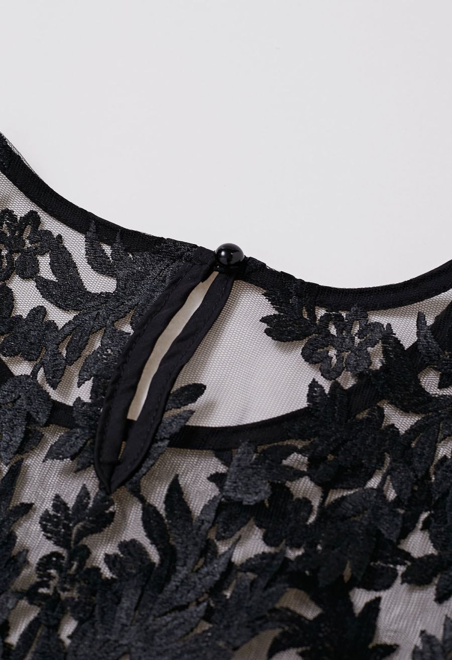 Floral Embroidered Sheer Mesh Top in Black