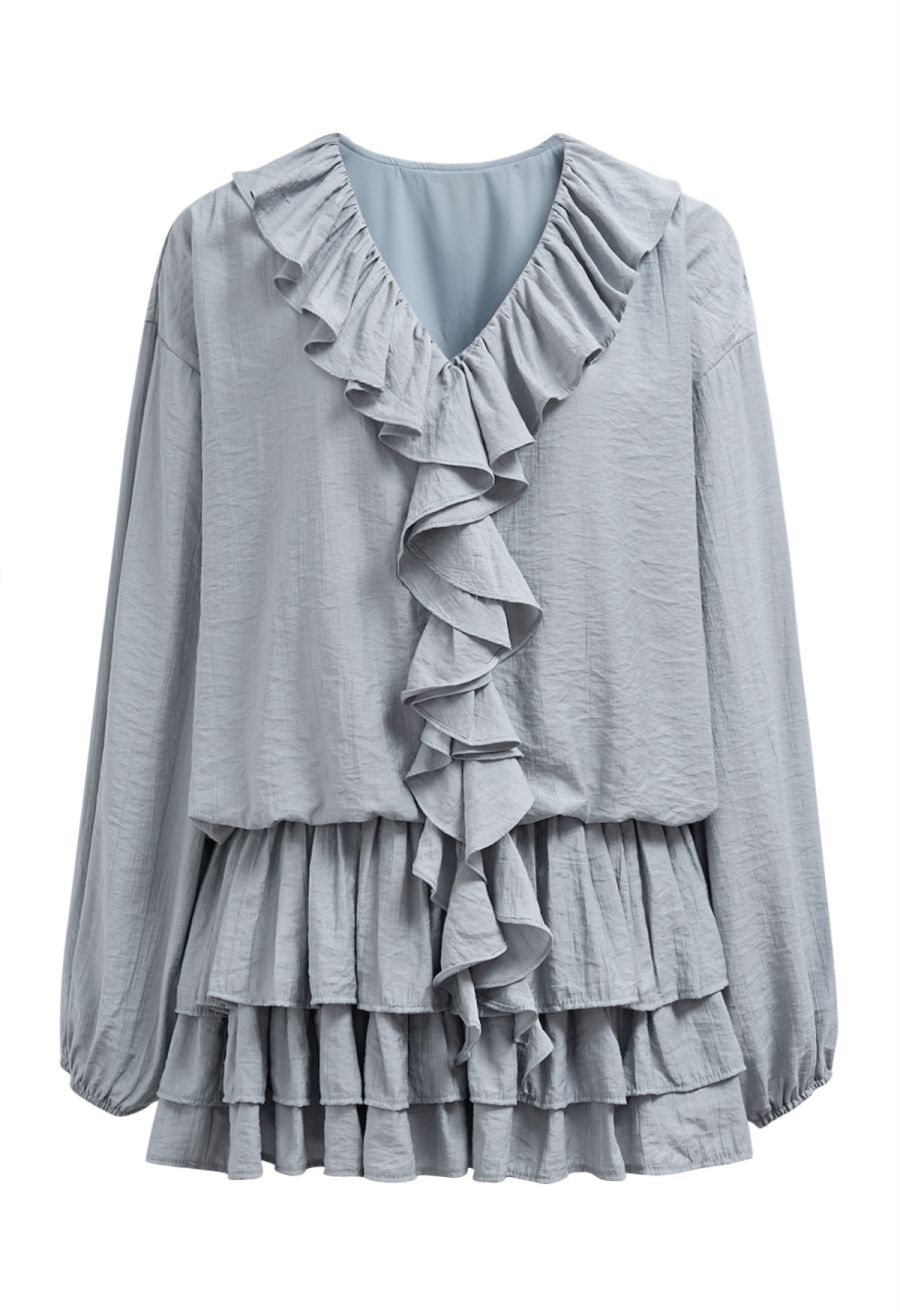 Ruffle Trim Tiered Hem Top and Shorts Set in Dusty Blue