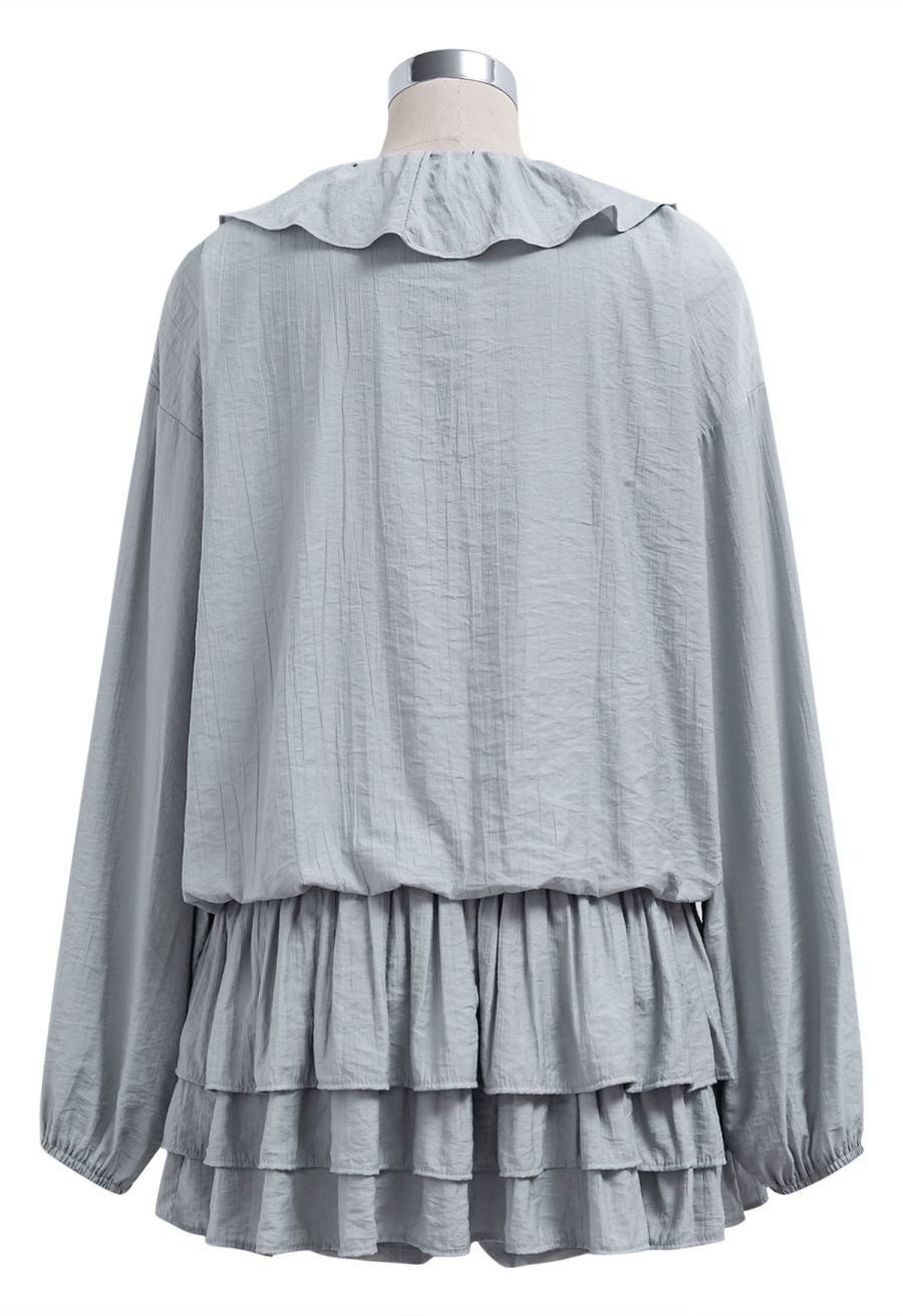 Ruffle Trim Tiered Hem Top and Shorts Set in Dusty Blue