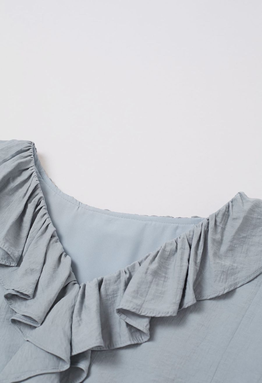 Ruffle Trim Tiered Hem Top and Shorts Set in Dusty Blue