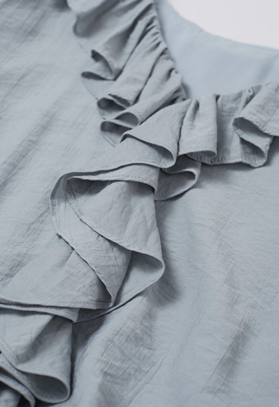 Ruffle Trim Tiered Hem Top and Shorts Set in Dusty Blue