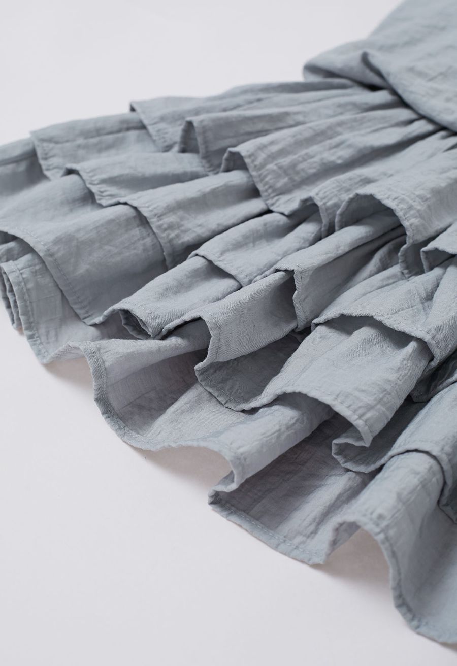 Ruffle Trim Tiered Hem Top and Shorts Set in Dusty Blue