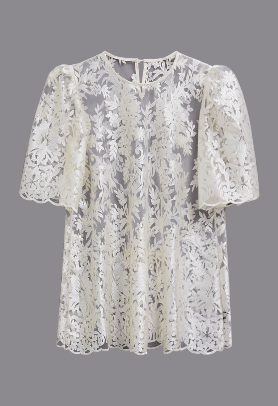 Floral Embroidered Sheer Mesh Top in Ivory