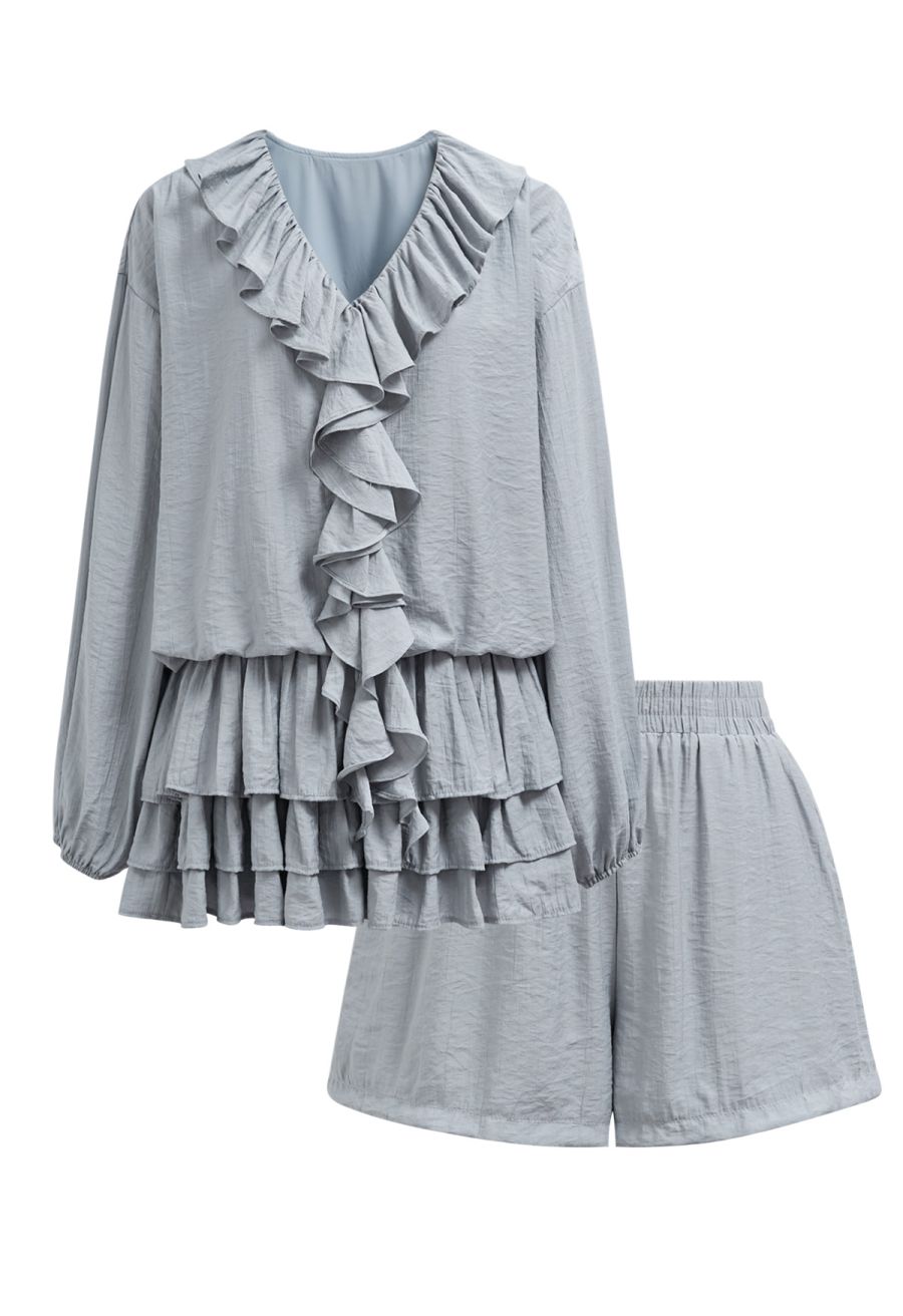 Ruffle Trim Tiered Hem Top and Shorts Set in Dusty Blue