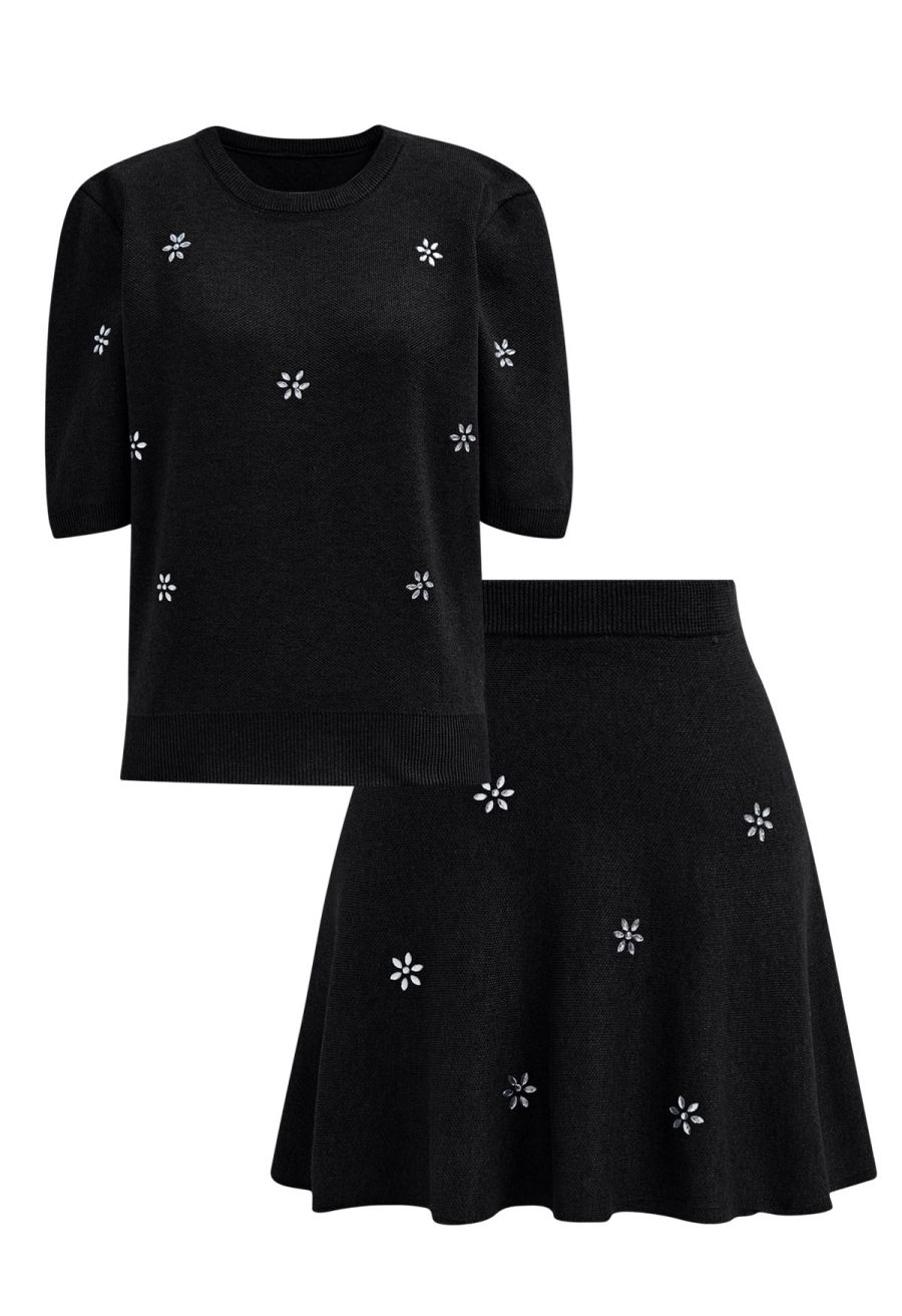 Floral Rhinestones Embellished Knit Top and Skirt Set in Black