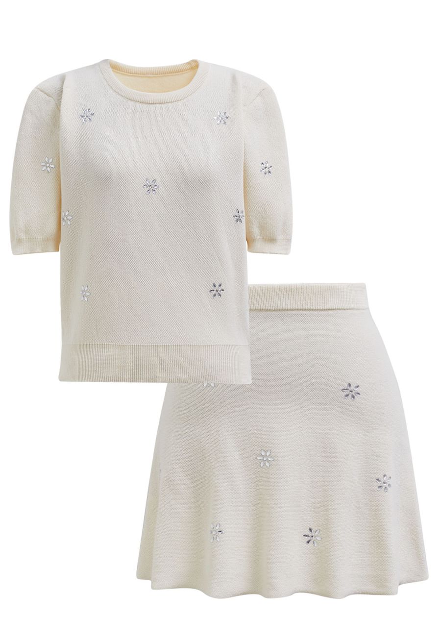 Floral Rhinestones Embellished Knit Top and Skirt Set in Cream