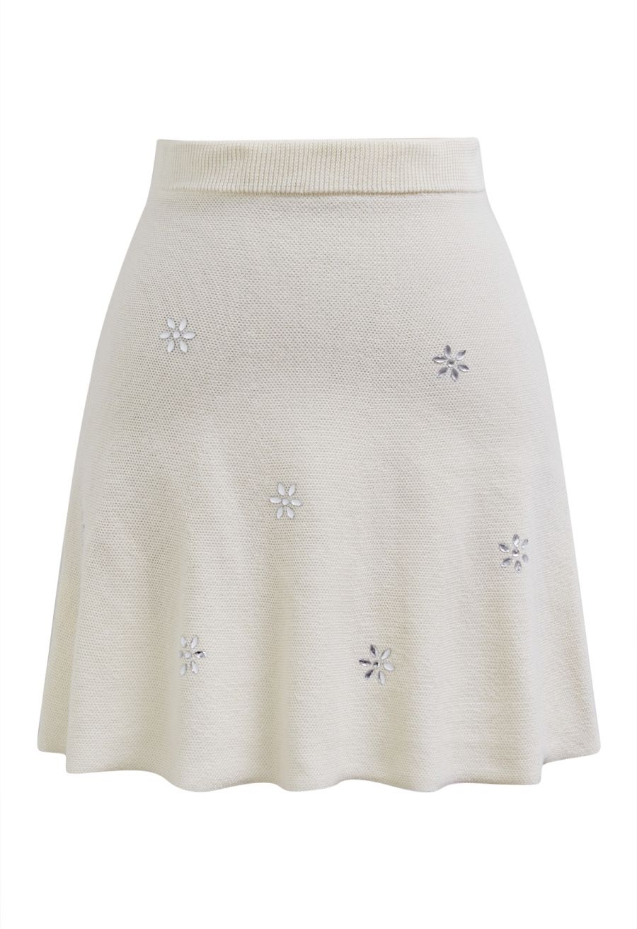 Floral Rhinestones Embellished Knit Top and Skirt Set in Cream