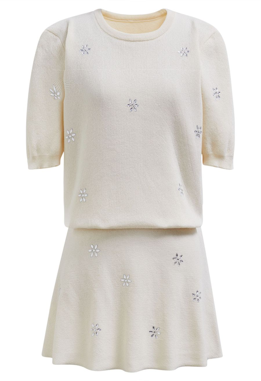 Floral Rhinestones Embellished Knit Top and Skirt Set in Cream