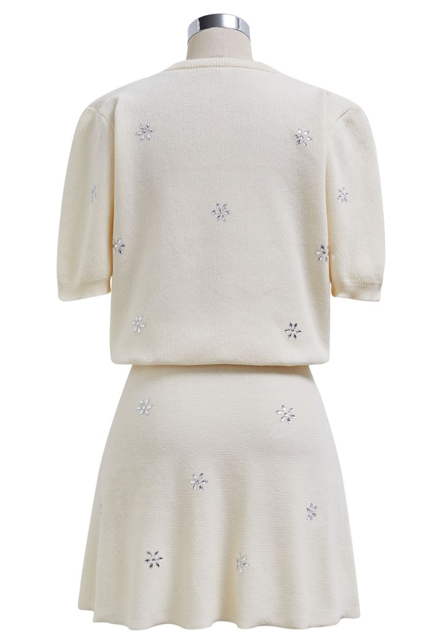 Floral Rhinestones Embellished Knit Top and Skirt Set in Cream