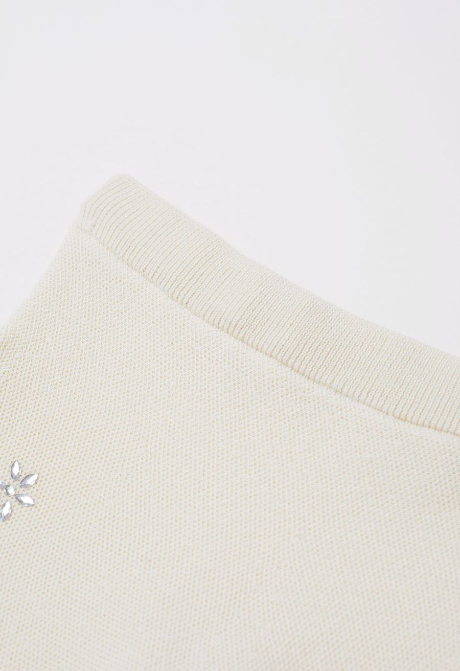 Floral Rhinestones Embellished Knit Top and Skirt Set in Cream