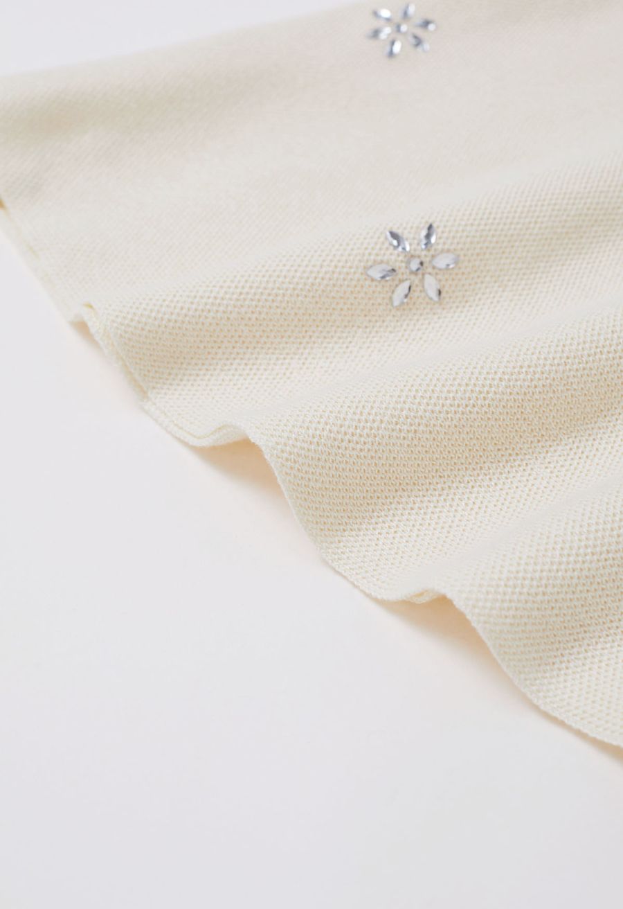 Floral Rhinestones Embellished Knit Top and Skirt Set in Cream
