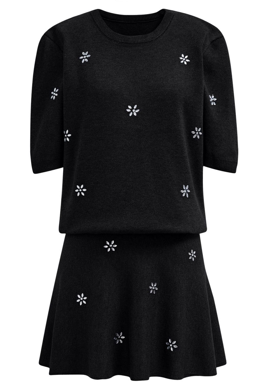 Floral Rhinestones Embellished Knit Top and Skirt Set in Black