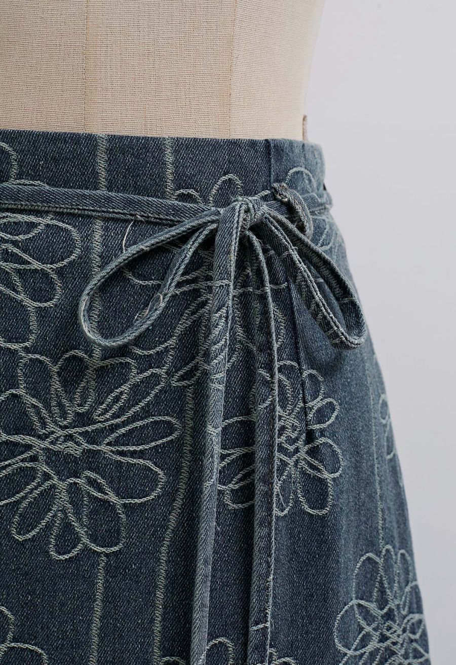 Floral Jacquard Tie-String Fringed Denim Maxi Skirt