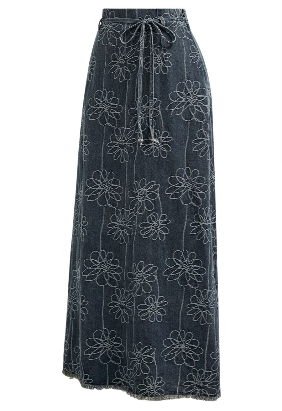 Floral Jacquard Tie-String Fringed Denim Maxi Skirt