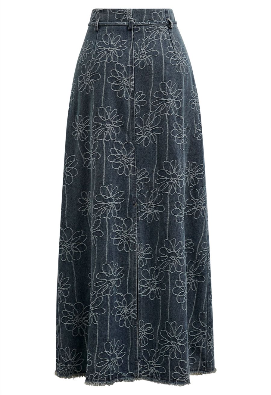 Floral Jacquard Tie-String Fringed Denim Maxi Skirt